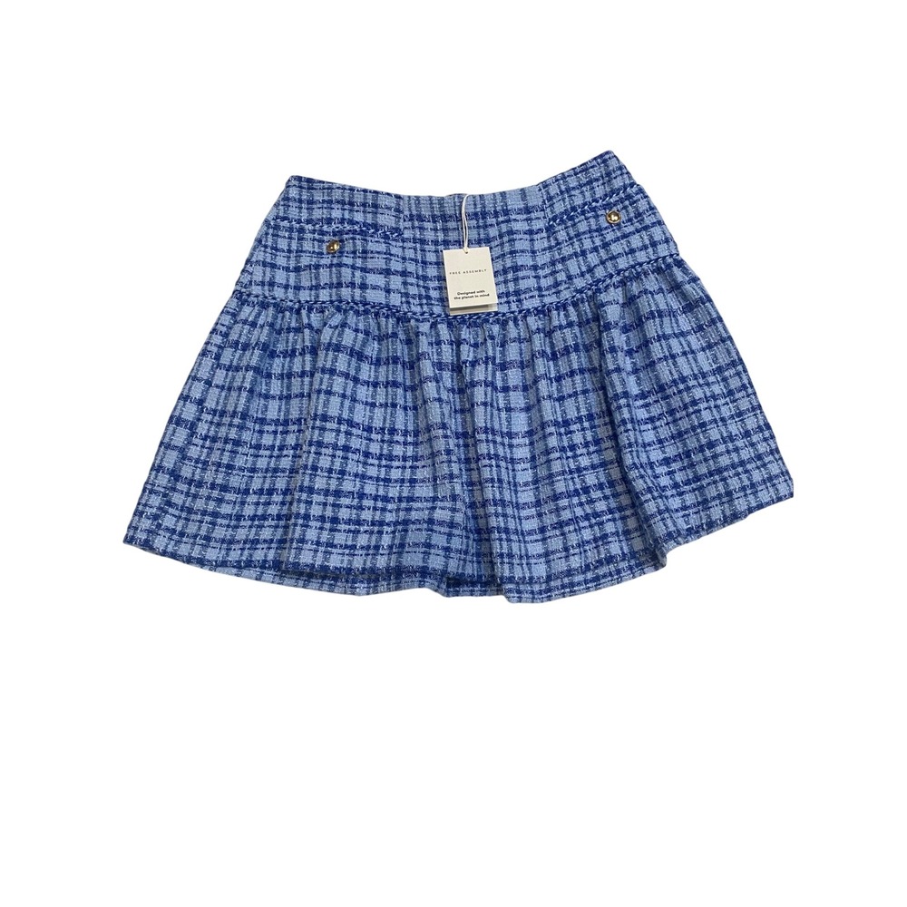 Free Assembly Size 10 Blue Plaid Tweed Mini Skirt Recycled Boucle Ruffle Hem New